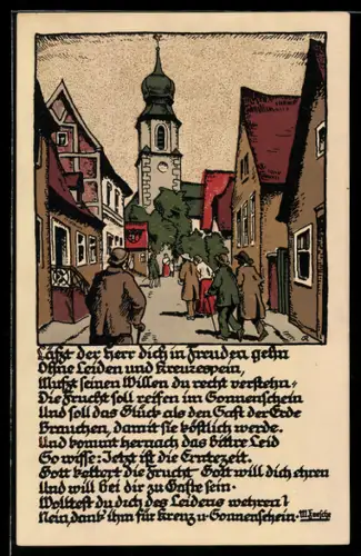 Steindruck-AK Strasse mit Kirchblick, Gedicht von M. Feesche