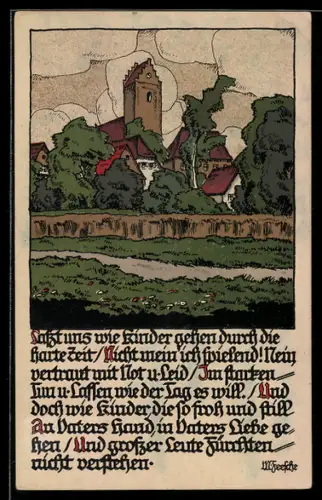 Steindruck-AK Teilansicht eines Ortes mit Kirche