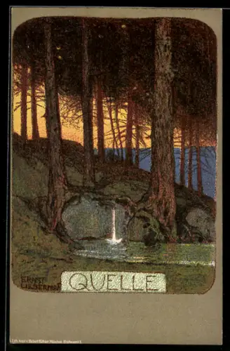 Künstler-Lithographie Ernst Liebermann: Quelle, Landidyll