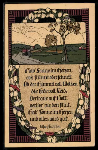 Steindruck-AK Ortspartie am Tage mit einem Gedicht von Cäsar Flaischlen