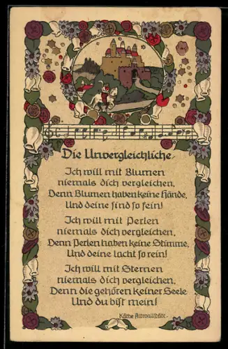 Steindruck-AK Ortsansicht mit Reiter und Schloss und Gedicht Die Unvergleichliche von Käthe Altwallstädt