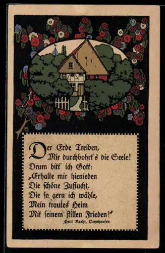 Steindruck-AK Wohnhäuser mit Grünanlagen und Gedicht von Paul Baehr