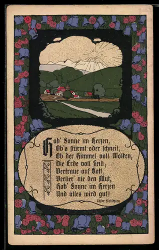 Steindruck-AK Hab` die Sonne im Herzen, ob`s stürmt oder schneit..., Landidyll