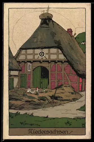 Steindruck-AK Niedersachsen, Hühner am Stall