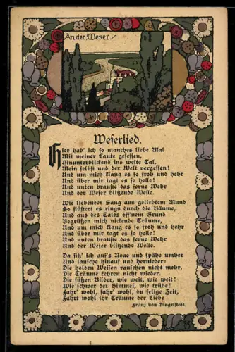 Steindruck-AK Teilansicht eines Ortes an der Weser mit Weserlied von Franz von Dingelstedt