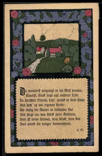 Steindruck-AK Teilansicht eines Ortes mit einer Kuh und Gedicht von H. Kl.
