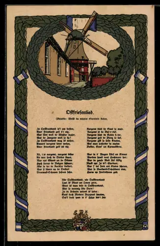 Steindruck-AK Ortspartie mit Mühle und Ostfriesenlied im Passepartout