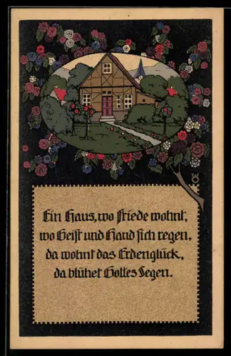 Steindruck-AK Wohnhaus mit Gartenanlage und Ausspruch