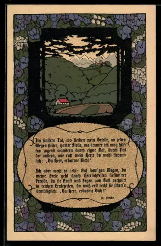 Steindruck-AK Haus am Waldrand mit Blick auf eine Burg auf einem Hügel