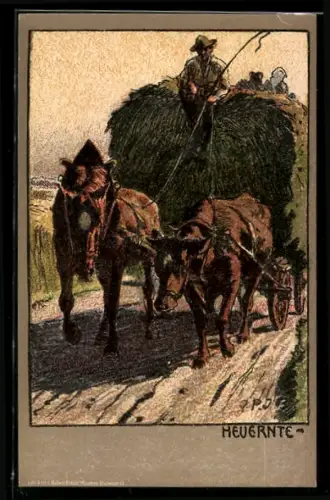 Steindruck-AK Bauer auf einem Wagen mit Heu