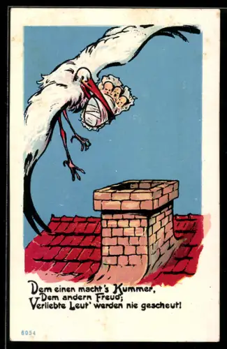 AK Dem einen macht`s Kummer, dem andern Freud..., Storch mit Säuglingen