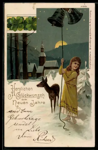Künstler-AK Bruno Bürger & Ottillie Nr. 2405: Mädchen neben einem Reh läutet eine Glocke vor einem verschneiten Ort