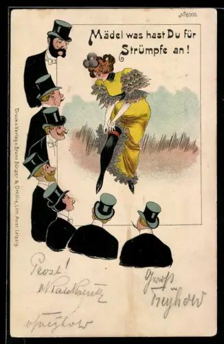 Künstler-AK Bruno Bürger & Ottillie Nr. 6000: Attraktive Frau richtet ihre Strümpfe vor einer Gruppe feiner Herren