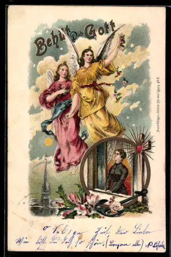 Künstler-AK Bruno Bürger & Ottillie Nr. 2: Engel lassen Rosen auf einen Ort fallen während eine Frau am Fenster steht