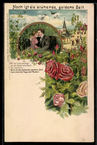 Künstler-AK Bruno Bürger & Ottillie Nr. 6149: Teilansicht eines Ortes mit Rosen und verliebtes Paar beim Kuss
