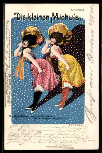 Künstler-AK Bruno Bürger & Ottillie Nr. 6023: Zwei hübsche Frauen heben ihre Kleider an und entblössen Bein