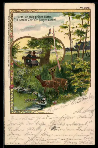 Künstler-AK Bruno Bürger & Ottillie Nr. 6139: Partie in idyllischer Natur mit einem verliebten Paar auf einer Bank