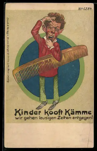 Künstler-AK Bruno Bürger & Ottillie Nr. 6584: Mann mit riesigem Kamm kratzt sich am Kopf