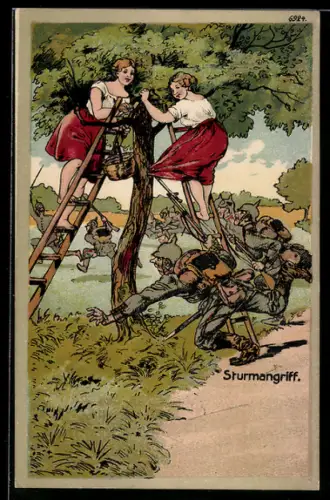 Künstler-AK Bruno Bürger & Ottillie Nr. 6924: Frauen stehen auf Leitern, während Soldaten unter ihnen einen angreifen