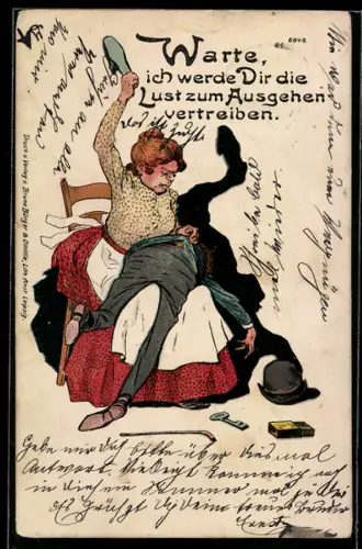 Künstler-AK Bruno Bürger & Ottillie Nr. 6848: Frau versohlt ihrem Mann den Hintern mit einem Schuh