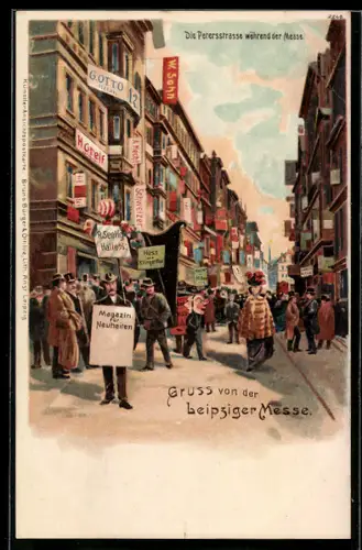 Künstler-AK Bruno Bürger & Ottillie Nr. 2248: Leipzig, Strassenpartie bei der Leipziger Messe mit diversen Werbungen