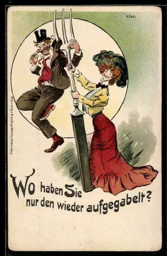 Künstler-AK Bruno Bürger & Ottillie Nr. 7366: Hübsche Frau mit riesiger Gabel, an der ein Herr mit Zylinder hängt