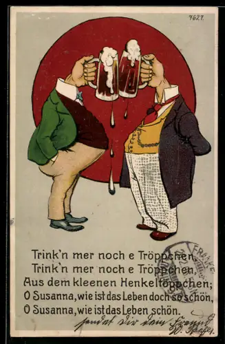 Künstler-AK Bruno Bürger & Ottillie Nr. 7627: Korpulente Herren mit Händen statt Köpfen stossen an