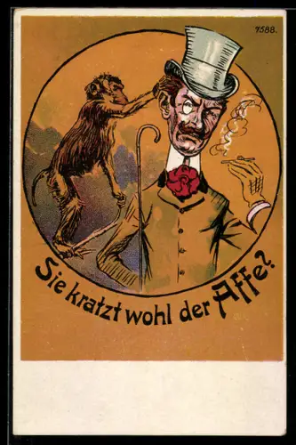 Künstler-AK Bruno Bürger & Ottillie Nr. 7588: Schimpanse kratzt einen rauchenden Herrn mit Zylinder am Kopf