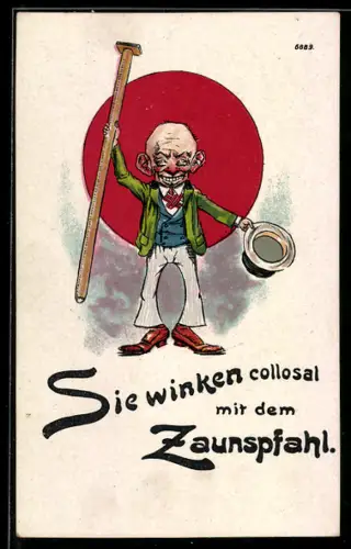 Künstler-AK Bruno Bürger & Ottillie Nr. 6889: Glatzköpfiger Mann mit gezogenem Hut und Zaunpfahl in der Hand