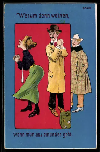 Künstler-AK Bruno Bürger & Ottillie Nr. 9328: Weinende Frau mit einem traurigen Mann und seinem Reisegepäck