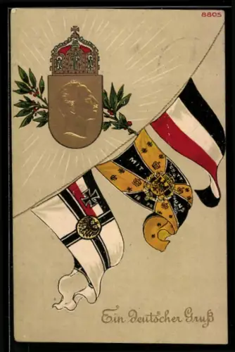 Künstler-AK Bruno Bürger & Ottillie Nr. 8805: Portrait Wilhelms II. im Profil mit Reichskriegsflagge und Reichsflagge