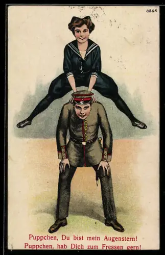 Künstler-AK Bruno Bürger & Ottillie Nr. 8295: Frau springt über die Schultern eines Soldaten