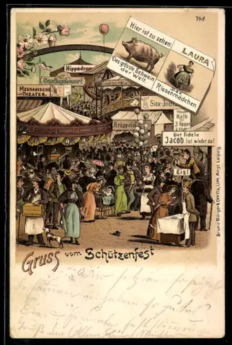 Künstler-AK Bruno Bürger & Ottillie Nr. 748: Festplatz zum Schützenfest, Grösstes Schwein der Welt