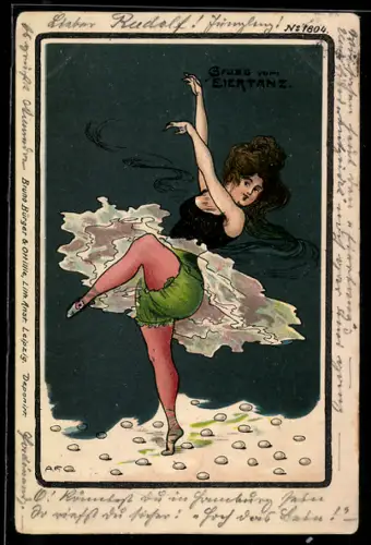 Künstler-AK Bruno Bürger & Ottillie Nr. 1804: Tanzende Dame mit wehendem Rock, Eiertanz