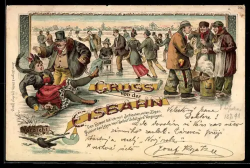 Künstler-AK Bruno Bürger & Ottillie Nr. 206: Schlittschuhfahren auf einem gefrorenen See, Mann kauft Würste