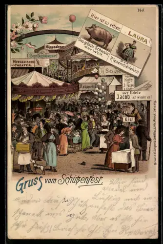 Künstler-AK Bruno Bürger & Ottillie Nr. 748: Gruss vom Schützenfest, Riesenmädchen Laura, Mechanisches Theater