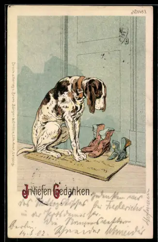 Künstler-AK Bruno Bürger & Ottillie Nr. 6483: Hund sitzt auf einer Matte mit zwei Paar Schuhen