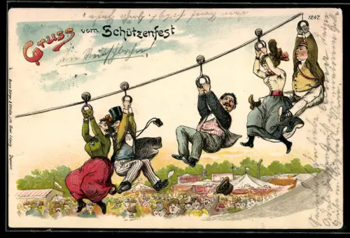 Künstler-AK Bruno Bürger & Ottillie Nr. 1247: Schützenfest, Gruppe rutscht eine Seilbahn hinunter