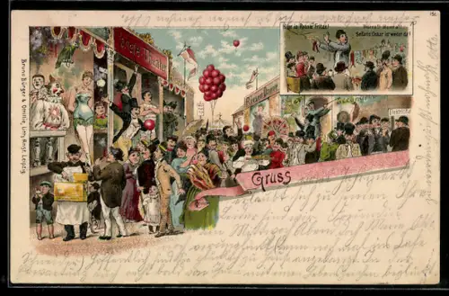Künstler-AK Bruno Bürger & Ottillie Nr. 151: Volksfest, Variete-Theater, Renner Fritze, Würstchenverkäufer