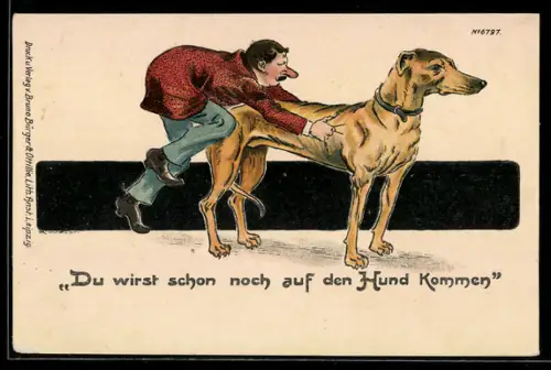 Künstler-AK Bruno Bürger & Ottillie Nr. 6797: Mann versucht sich auf einen grossen Hund zu ziehen