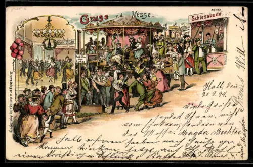 Künstler-AK Bruno Bürger & Ottillie Nr. 373: Besucher vor den Buden und Attraktionen eines Volksfestes