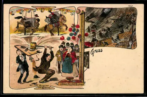 Künstler-AK Bruno Bürger & Ottillie Nr. 1882: Volksfest, Mann beim Hau den Lukas, Regensturm