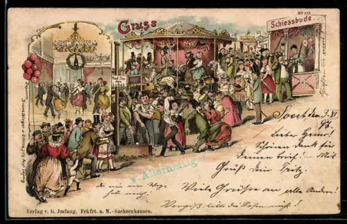 Künstler-AK Bruno Bürger & Ottillie Nr. 373: Besucher auf dem Festplatz, Schiessbude und Karussel