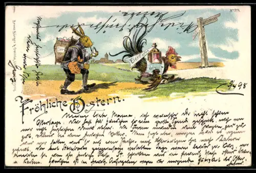 Künstler-AK Bruno Bürger & Ottillie Nr. 914: Osterhase mit Eiern und Huhn mit Eier-Farbe