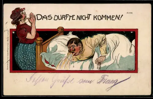 Künstler-AK Bruno Bürger & Ottillie Nr. 6506: Mann übergibt sich über die Kante seines Bettes