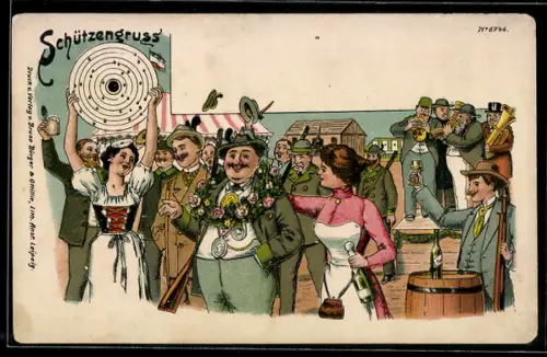 Künstler-AK Bruno Bürger & Ottillie Nr. 6746: Schützengruss, Mann mit Gewehr wird auf einem Volksfest umjubelt