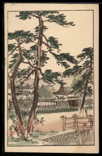 Künstler-AK Teilansicht eines Ortes mit Rikscha, Japanische Kunst