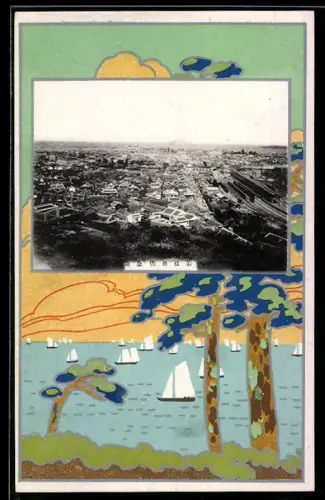 Künstler-AK Margaret Tempest: Panoramaansicht in Küsten-Passepartout