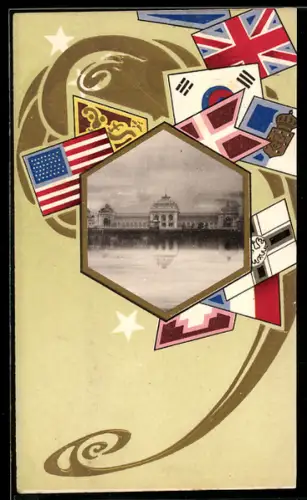 Künstler-AK Margaret Tempest: Flusspartie in sechseckigem Rahmen mit Flaggen
