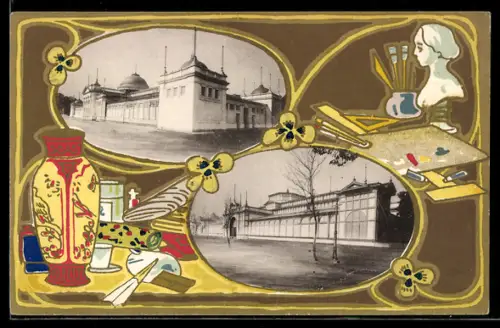 Künstler-AK Margaret Tempest: Büste und Pinsel in einem Krug, Vase und schöne Stoffe, Strassenpartien